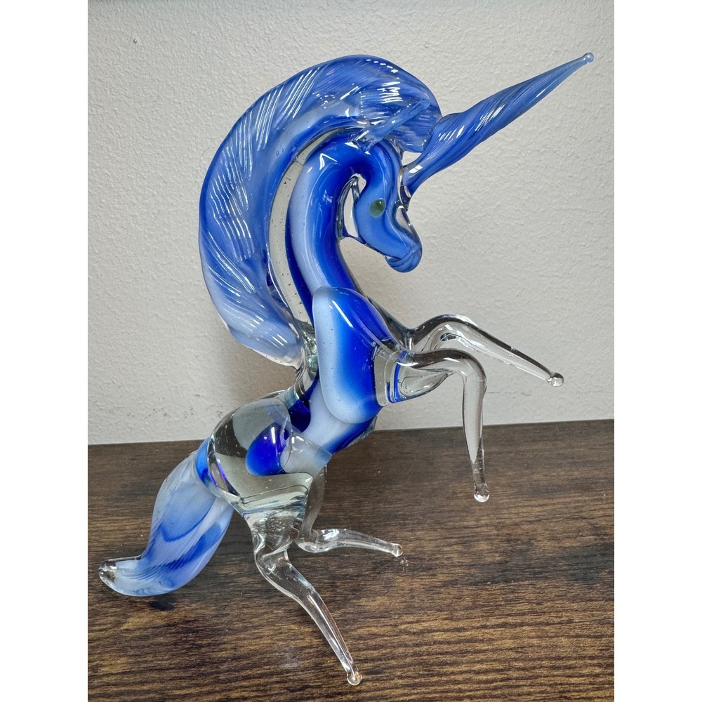Blue Hand Blown Art Glass Rearing Unicorn Figurine Sculpture 6" Mystical Swirl - Picture 2 of 8
